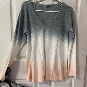 POL Gradient V-Neck Long Sleeve Top - Green, White, Tan